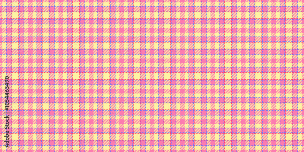 Equal background textile tartan, bold seamless pattern fabric. Ribbon check plaid texture vector in yellow and pink colors. Equal background textile tartan, bold seamless pattern fabric. Ribbon check plaid texture vector in yellow and pink colors.