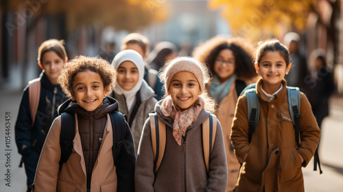 Happy friends students are going to school, concept of education