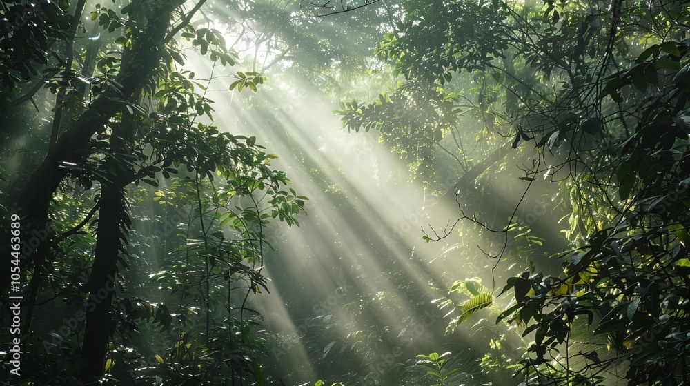 Obraz premium Sunlight filtering through the branches of a dense forest, creating dappled light and shadow patterns