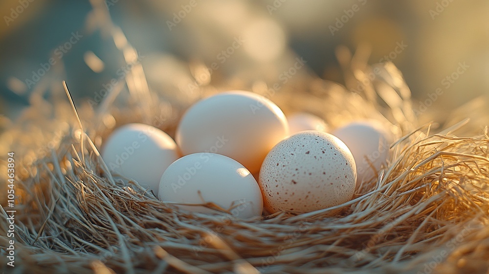 A serene pastoral scene featuring white chicken eggs artfully arranged in a woven nest of straw grass, bathed in gentle natural light.
A serene pastoral scene featuring white chicken eggs artfully arranged in a woven nest of straw grass, bathed in gentle natural light.