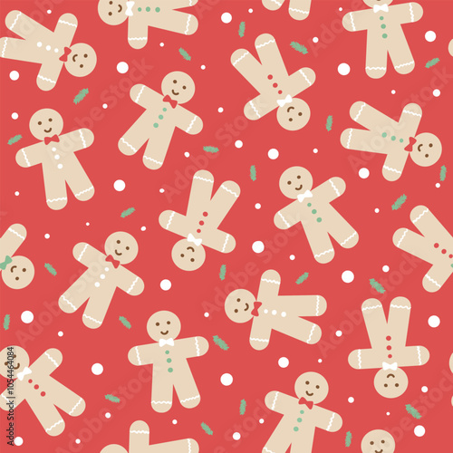 Gingerbread man cookies on red background vector seamless pattern