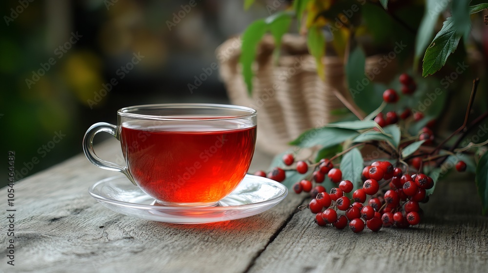 Warm, aromatic red tea made from rowanberries is served in a glass cup with a saucer. The cup is placed on a wooden table next to a branch of rowan. Warm, aromatic red tea made from rowanberries is served in a glass cup with a saucer. The cup is placed on a wooden table next to a branch of rowan.