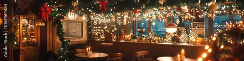 Cozy cafe interior with festive Christmas lights and decorations