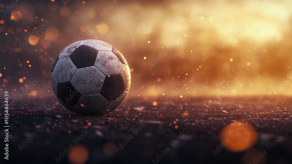 Fototapeta premium A classic soccer ball on a textured field with dramatic lighting during golden hour