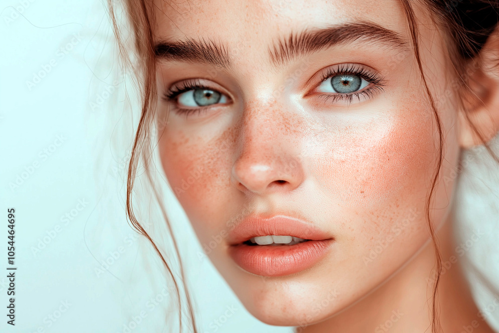 Close-up portrait of a young woman with blue eyes, freckles, and soft makeup, capturing natural beauty and a fresh, radiant complexion with a serene expression Close-up portrait of a young woman with blue eyes, freckles, and soft makeup, capturing natural beauty and a fresh, radiant complexion with a serene expression