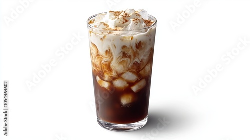 Watch the iced coffee and cream mix together in this stunning close-up. The tall glass is filled with ice, and as the white cream is added, it creates beautiful swirls through the dark coffee.