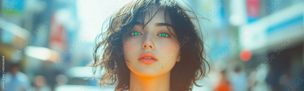 Woman with green eyes standing in a city Woman with green eyes standing in a city