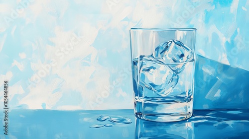 Water in a glass with ice on a blue background. It's refreshing and healthy, especially on hot days.