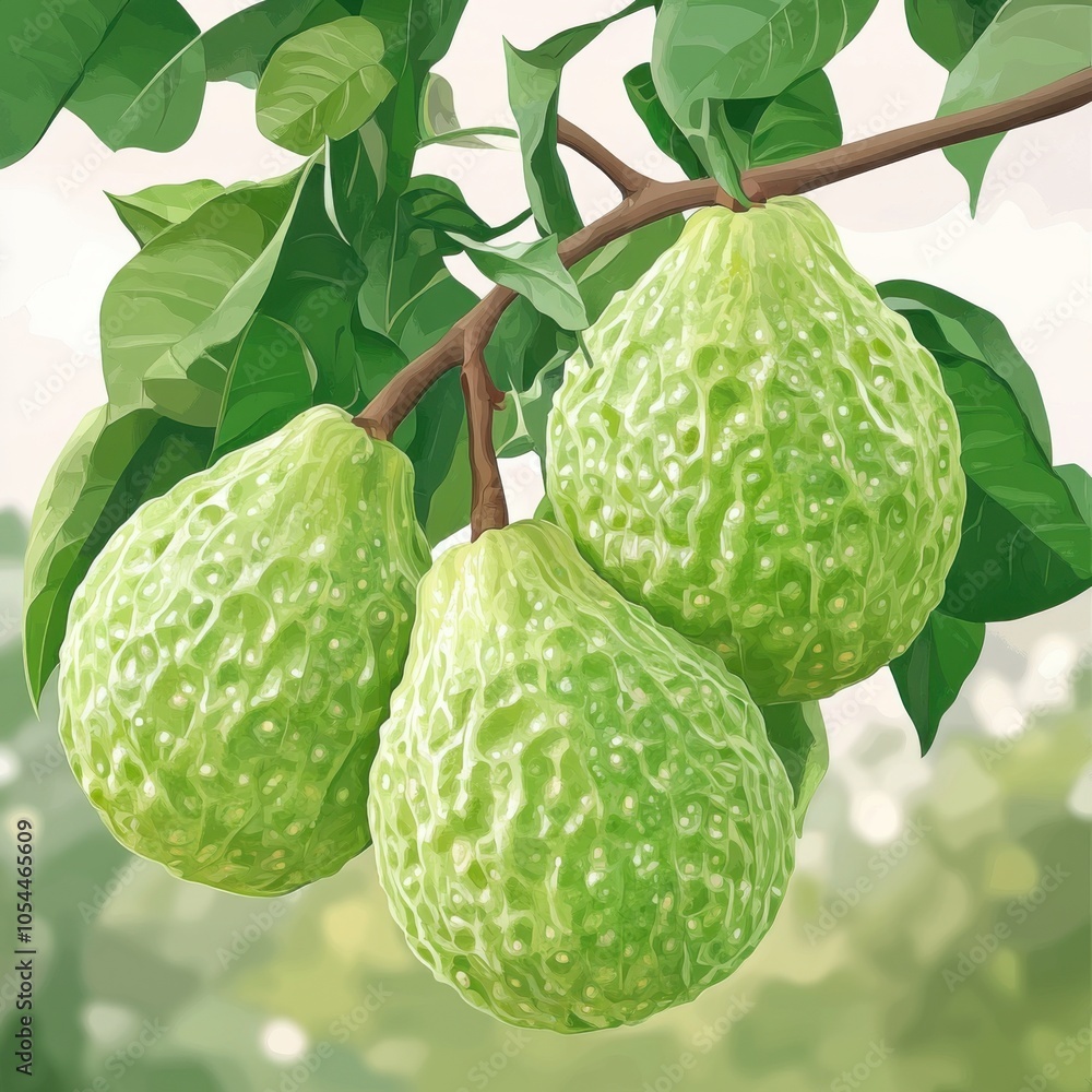 Fototapeta premium Fresh Guava Fruits on Branch with Green Leaves