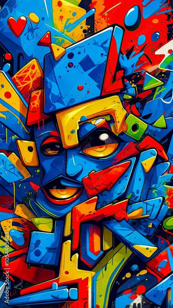 Fototapeta premium An abstract graffiti wall with colorful shapes and patterns. The background is blue, yellow and greens.