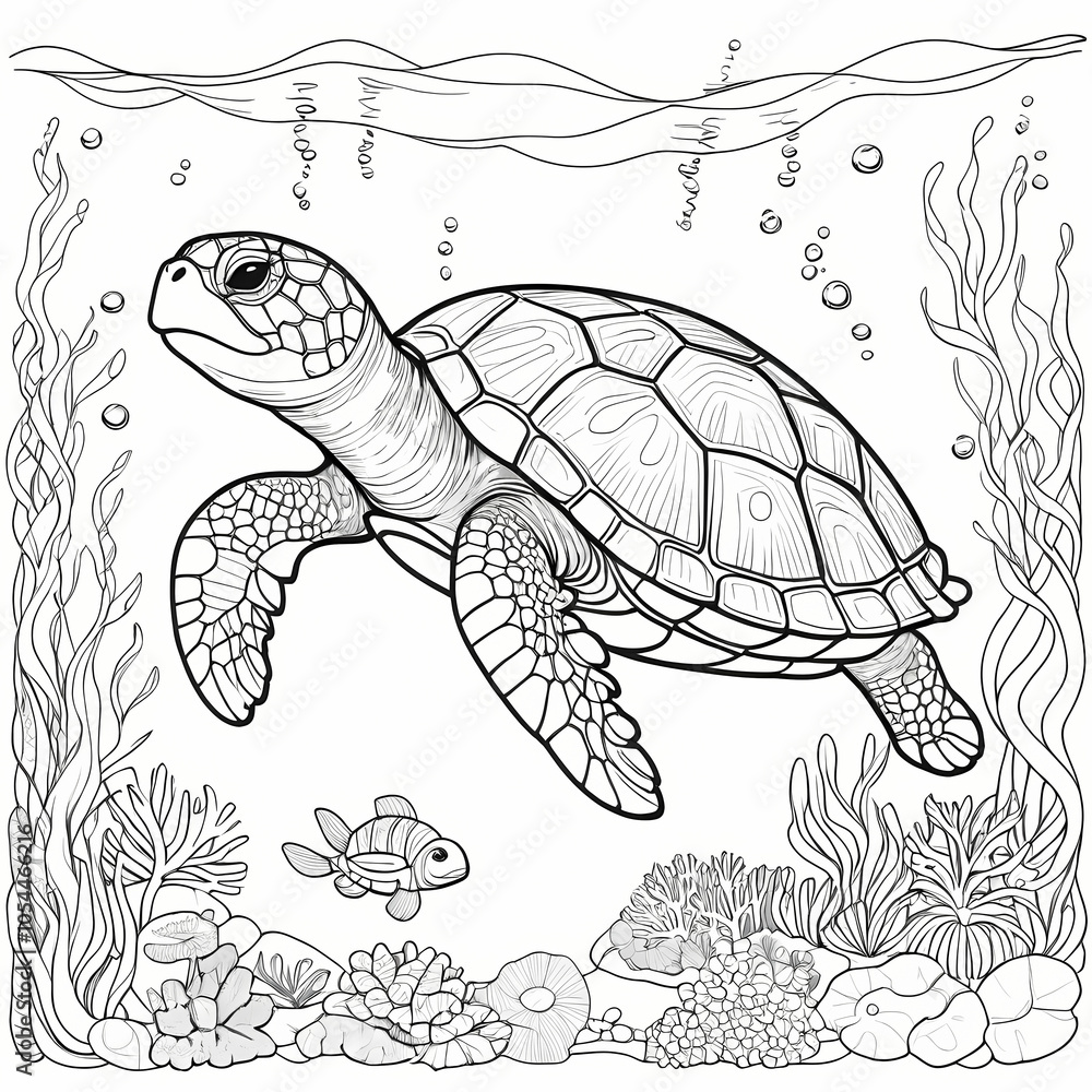 Fototapeta premium Underwater Turtle - Adult Coloring Book Page with Detailed Marine Elements