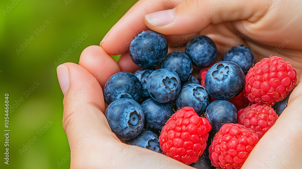 Hands gently holding fresh blueberries and raspberries Hands gently holding fresh blueberries and raspberries
