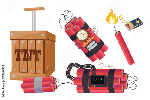 Set of dangerous dynamite in cartoon style. Vector illustration of dynamite, explosive mixtures with a timer, fire, a box with matches, a box with the inscription TNT isolated on a white background.
