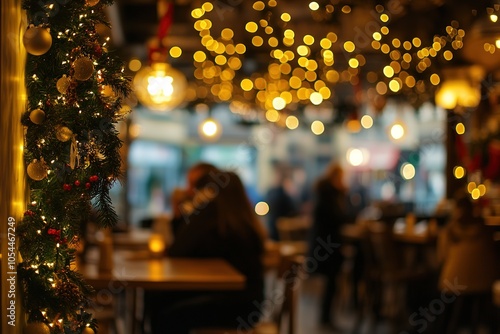 Warm holiday cafe ambiance with lights and blurred patrons.