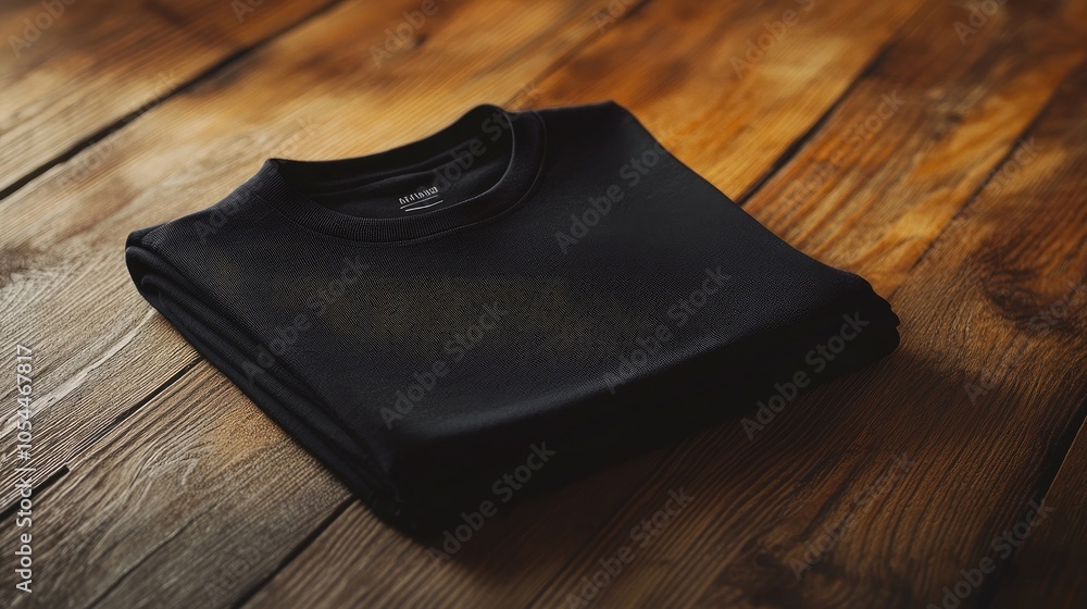 A black t-shirt folded neatly on a polished wooden surface with soft lighting. A black t-shirt folded neatly on a polished wooden surface with soft lighting.
