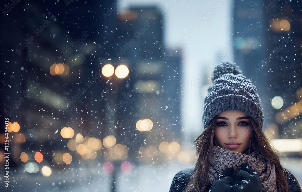 portrait of beautiful young caucasian woman in winter clothes outside during the snowy weather in urban scenery; copy space portrait of beautiful young caucasian woman in winter clothes outside during the snowy weather in urban scenery; copy space