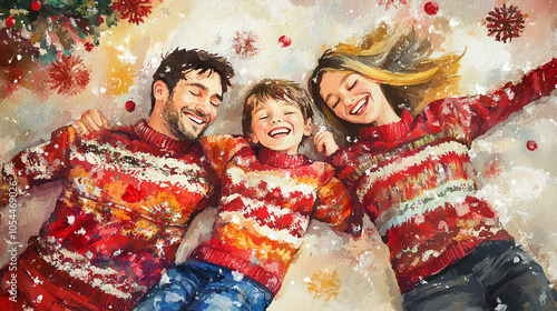 Watercolor of a happy family in Christmas sweaters, lying together, laughing joyfully, cozy holiday ambiance with vibrant reds and soft lighting photo