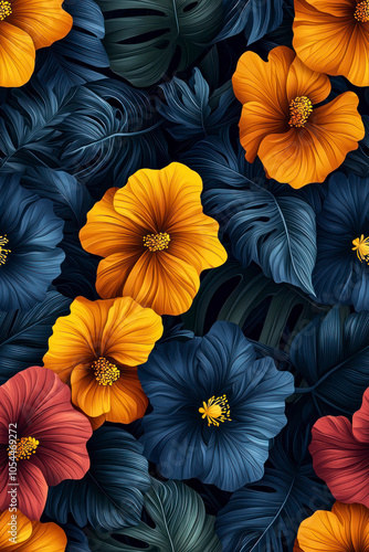 Vertical Exotic hand drawn flowers, seamless patterns with floral for fabric, textiles, clothing, wrapping paper.