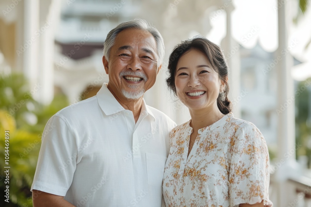 An older couple embraces while smiling in delight, surrounded by a vibrant floral backdrop and sunny environment, conveying warmth and joy.