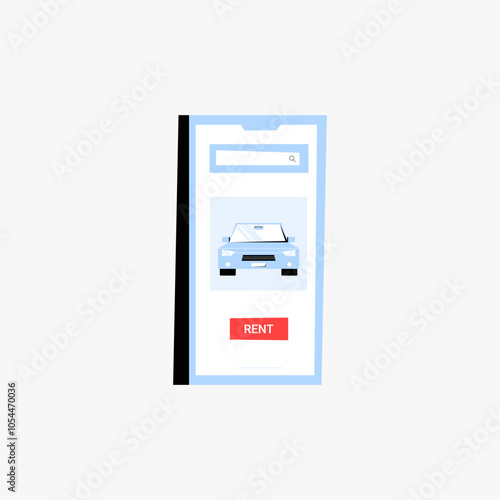 Mobile app screen with car rental option in flat vector illustration symbolizing online car booking, transportation service, and vehicle rental, isolated on white background.