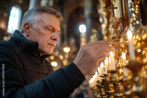 A man lights candles in an ornately decorated church, signifying devotion and reverence, as the warm glow and detailed environment create a serene atmosphere. photo