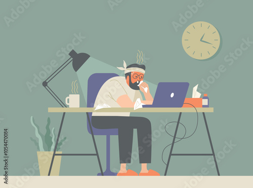 Freelancer with running nose working at home. Remote worker with flu or cold. Man sit at the desk working distantly, using paper tissue, sneezing