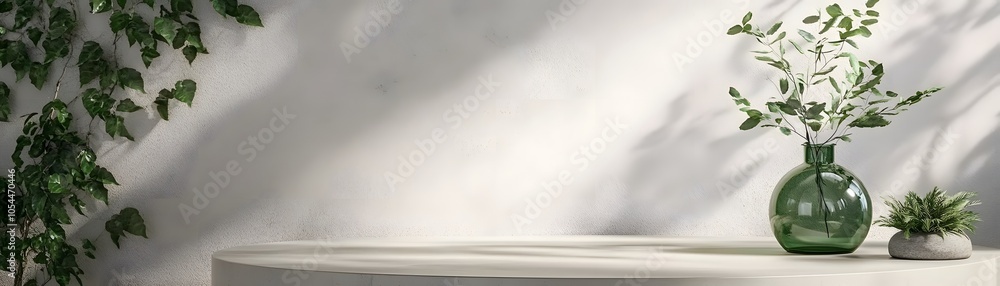 Obraz premium Minimalist White Background with Greenery and a Round Tabletop