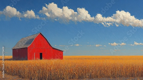 A red barn stands alone in a field of golden wheat under a blue sky with fluffy white clouds.