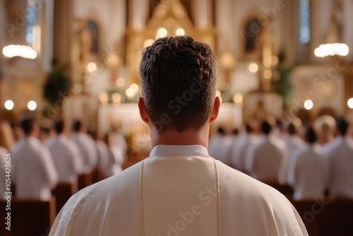 A clergyman dons a ceremonial garment while standing solemnly before the altar in a grand, ornate church, with columns and intricately designed backdrops. photo