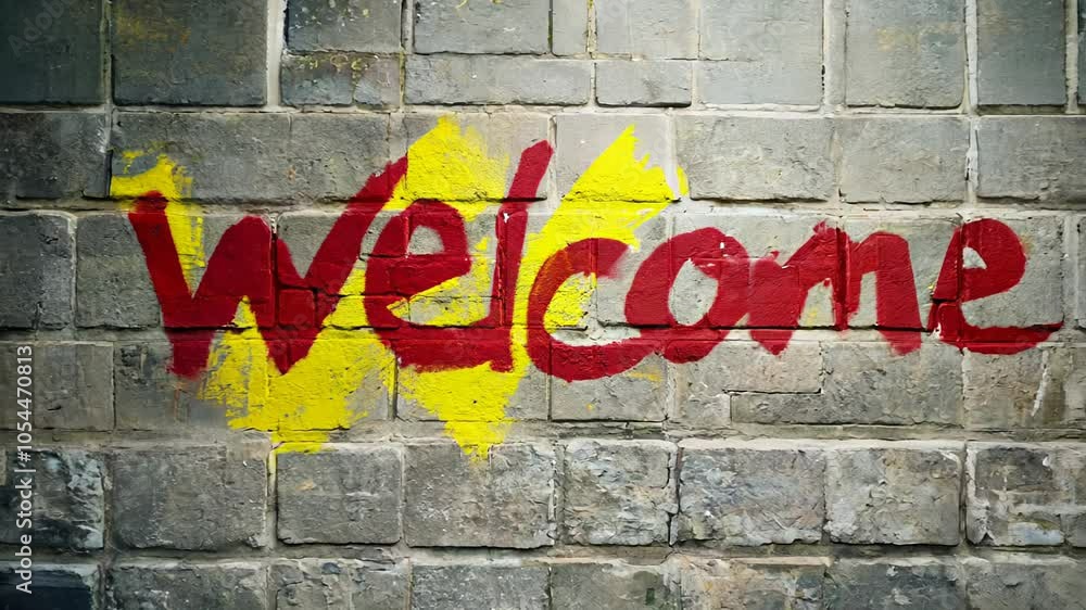 Graffiti-style welcome text on a brick wall background, conveying an urban, edgy feel. video Graffiti-style welcome text on a brick wall background, conveying an urban, edgy feel. video