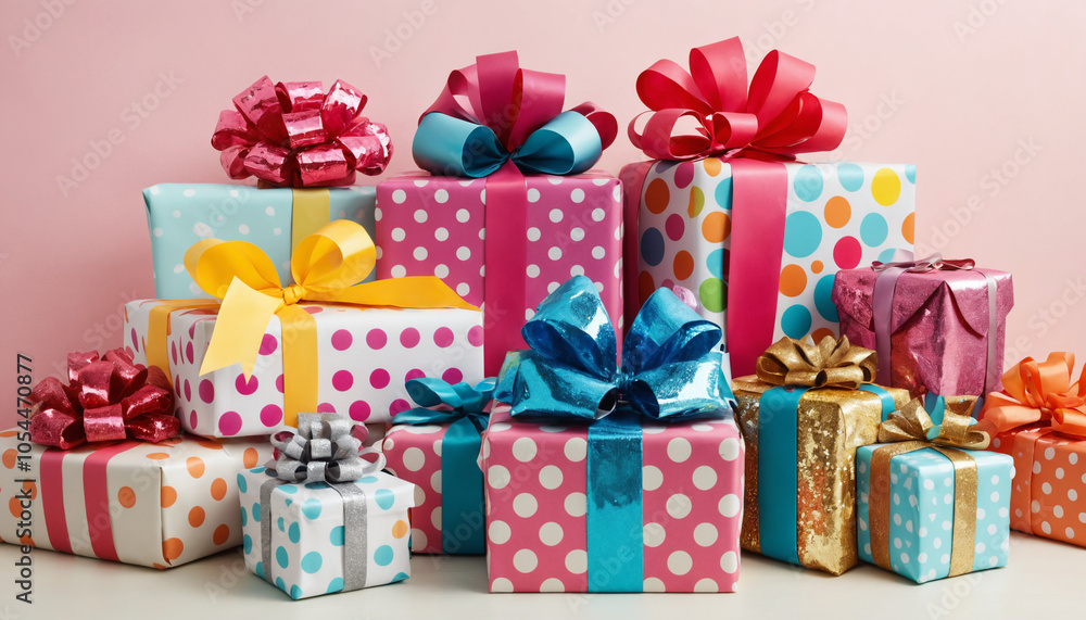 Colorful wrapped gift boxes with bows on a pastel background for celebration Colorful wrapped gift boxes with bows on a pastel background for celebration
