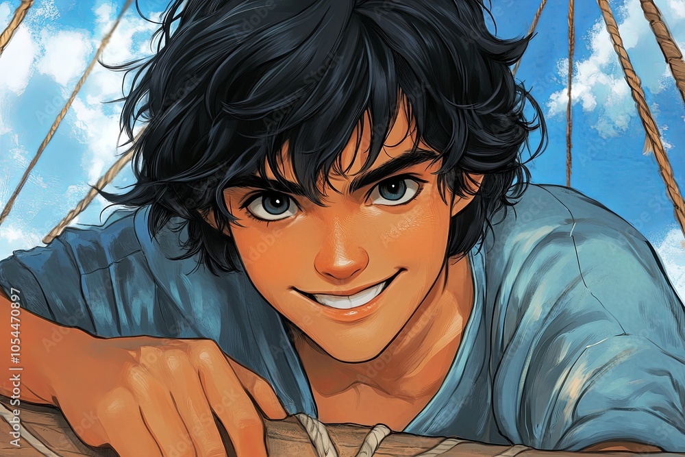 Naklejka premium A cheerful young pirate smiles invitingly while relaxed on the ships railing under a bright blue sky