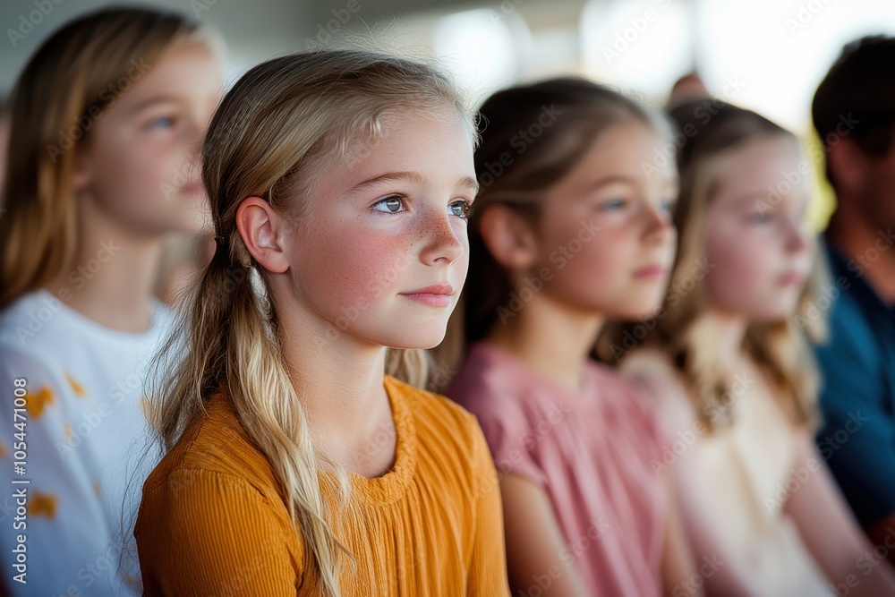 Obraz premium A group of young children sitting attentively in a classroom, featuring their focused expressions and eagerness to learn in an educational environment.