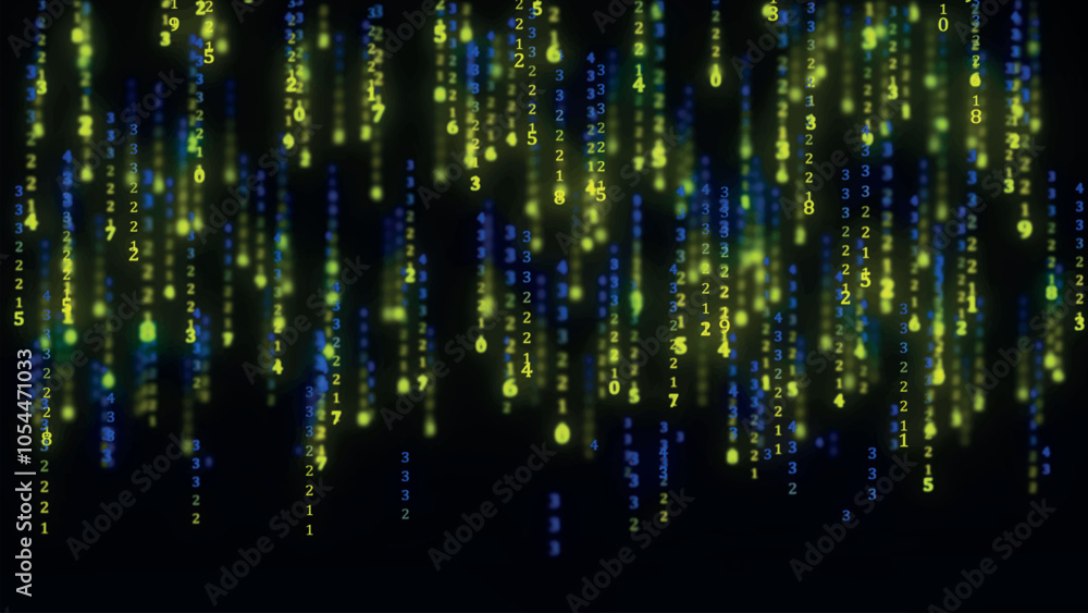 Binary code with numbers moving on the screen. Digital age. Binary algorithm, data code, decryption and encoding. Matrix background of numbers. 3D vector illustration Binary code with numbers moving on the screen. Digital age. Binary algorithm, data code, decryption and encoding. Matrix background of numbers. 3D vector illustration