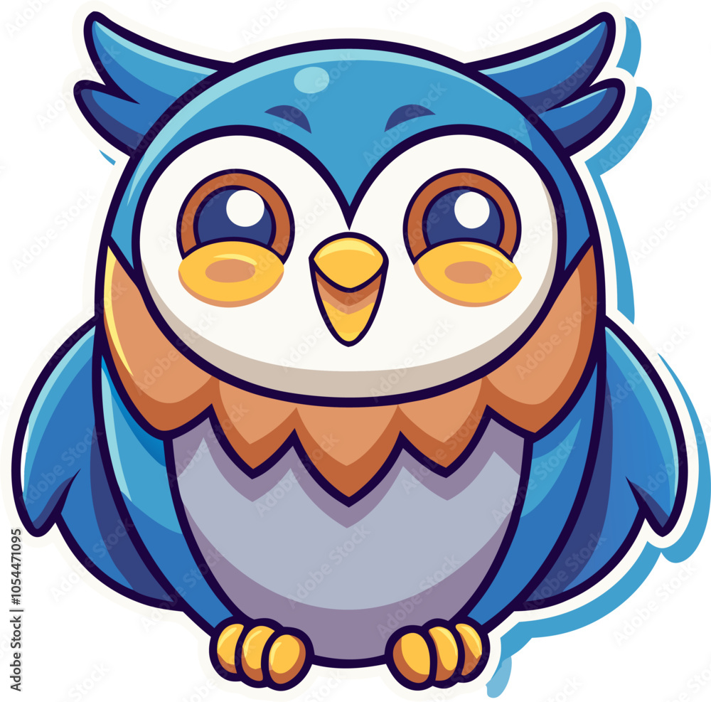 Cute cartoon illustration of a blue owl with big eyes and a cheerful smile. Perfect for children's books, apparel. Cute cartoon illustration of a blue owl with big eyes and a cheerful smile. Perfect for children's books, apparel.