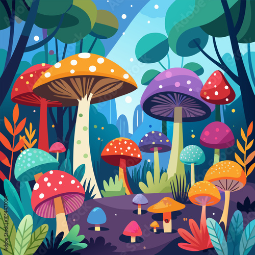A whimsical illustration of a vibrant forest filled with colorful mushrooms. This cheerful scene is perfect for adding a touch of magic to your designs, ideal for children's books.