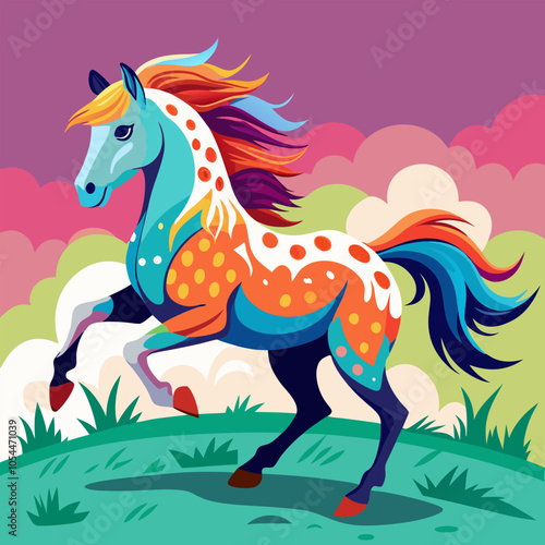 A vibrant and colorful illustration of a horse running through a field. The horse is painted with bright colors and intricate details, making it a playful and whimsical design.