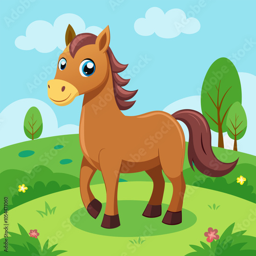 Cute cartoon horse standing in a green field with blue sky. Perfect for children's books, illustrations, and educational materials.