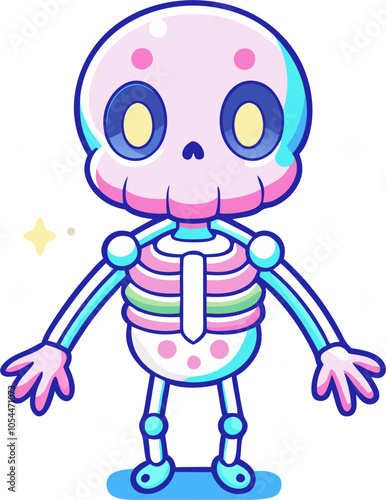 A cute and colorful illustration of a skeleton with a pastel-colored skull and ribcage. Perfect for Halloween decorations, children's books, or any project that needs a touch of whimsy.