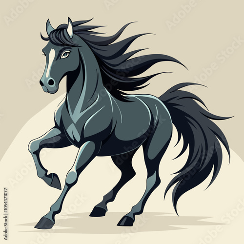 A powerful black horse with a flowing mane and tail, capturing the wild spirit of this majestic creature. This illustration is perfect for equestrian themes, farm designs.