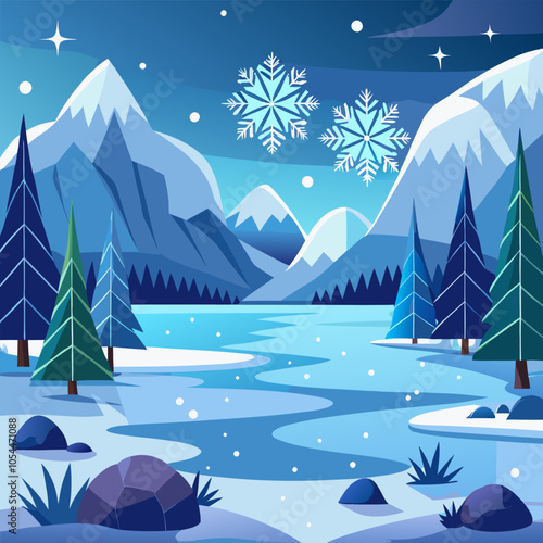 A serene winter landscape with snow-capped mountains, a frozen lake, and sparkling snowflakes. The scene evokes a sense of tranquility and peace.