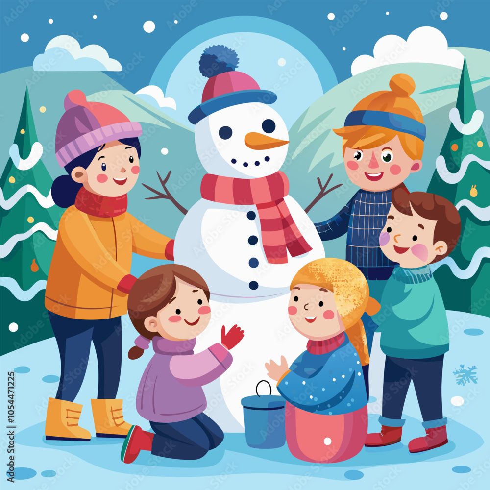 A cheerful illustration of children building a snowman together in a snowy winter landscape. The scene is filled with festive joy and captures the essence of winter fun. A cheerful illustration of children building a snowman together in a snowy winter landscape. The scene is filled with festive joy and captures the essence of winter fun.