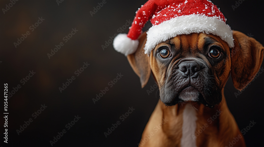 Merry Christmas and Happy New Year banner, pets, Santa hat on Boxer dog, clean background with copy space Merry Christmas and Happy New Year banner, pets, Santa hat on Boxer dog, clean background with copy space