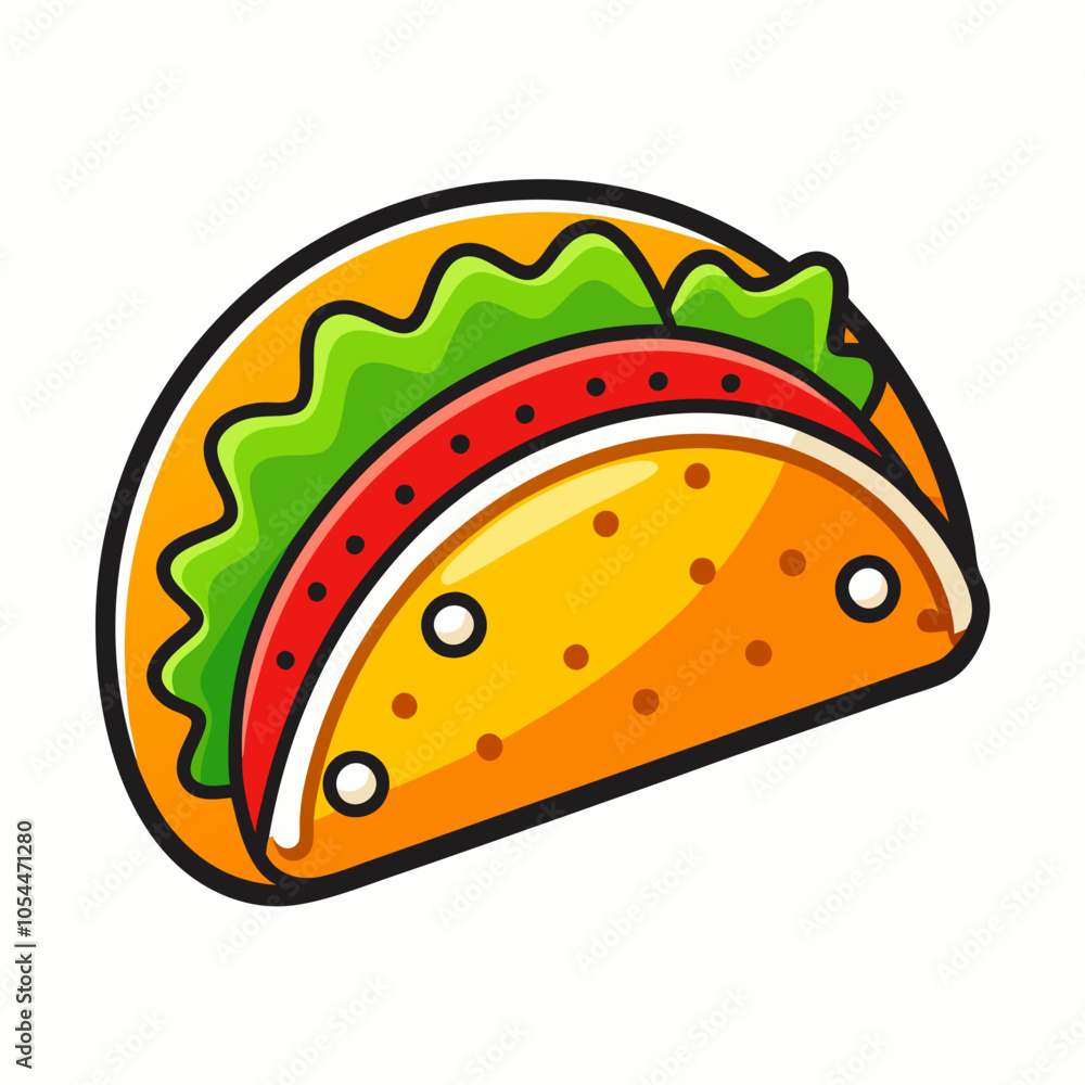 A colorful and cartoonish illustration of a delicious taco, perfect for adding a touch of fun to your food-related designs. This bright and cheerful graphic is ideal for menus, branding. A colorful and cartoonish illustration of a delicious taco, perfect for adding a touch of fun to your food-related designs. This bright and cheerful graphic is ideal for menus, branding.