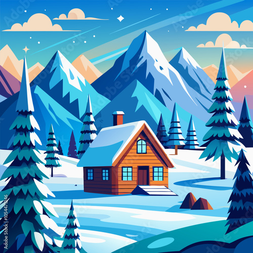 A charming illustration depicting a cozy cabin nestled amidst a snowy mountain landscape. The vibrant blue sky and white snow create a serene winter scene.