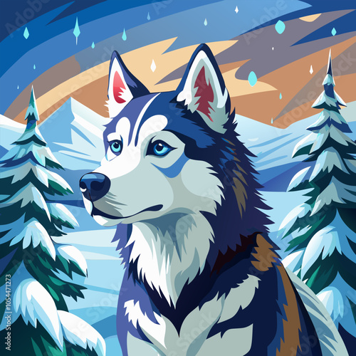 A stunning illustration of a Siberian Husky dog, with piercing blue eyes and a coat of blue and white fur. The dog is set against a winter background of snowy mountains and a starry sky.