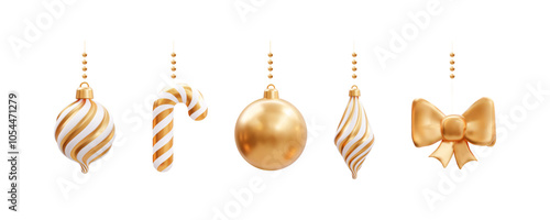 Set of luxurious premium Christmas ornaments. Decorative elements include: Christmas bauble, candy cane, and ribbon bow. Suitable for use in social media, greeting cards, print design, web interfaces