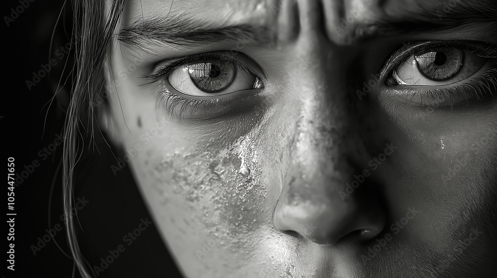 Obraz premium Close-up black and white portrait of a young woman with dry skin, frowning and showing skin problems