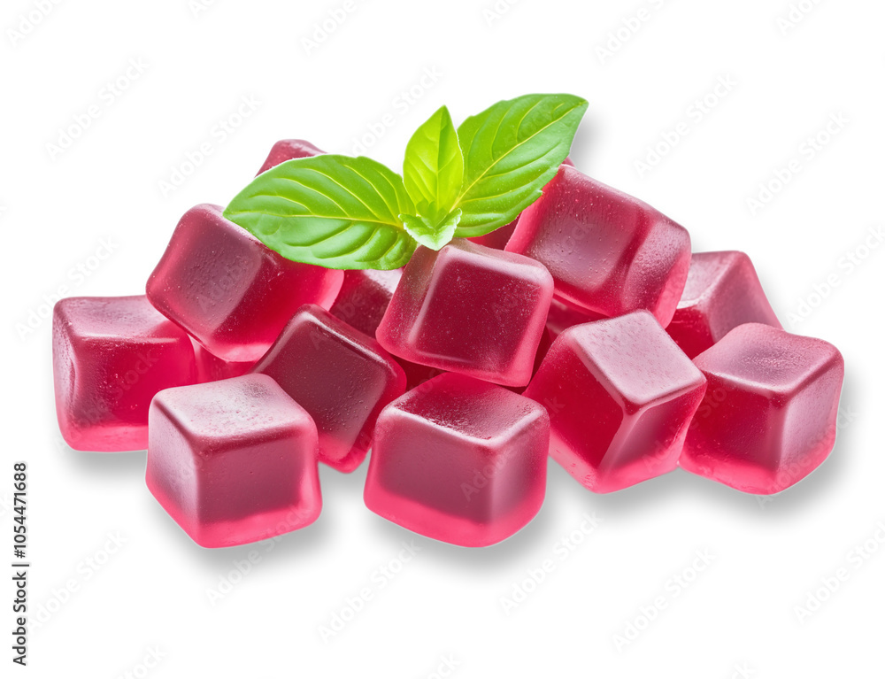 Delicious red gummy candies with green leaf transparent background
