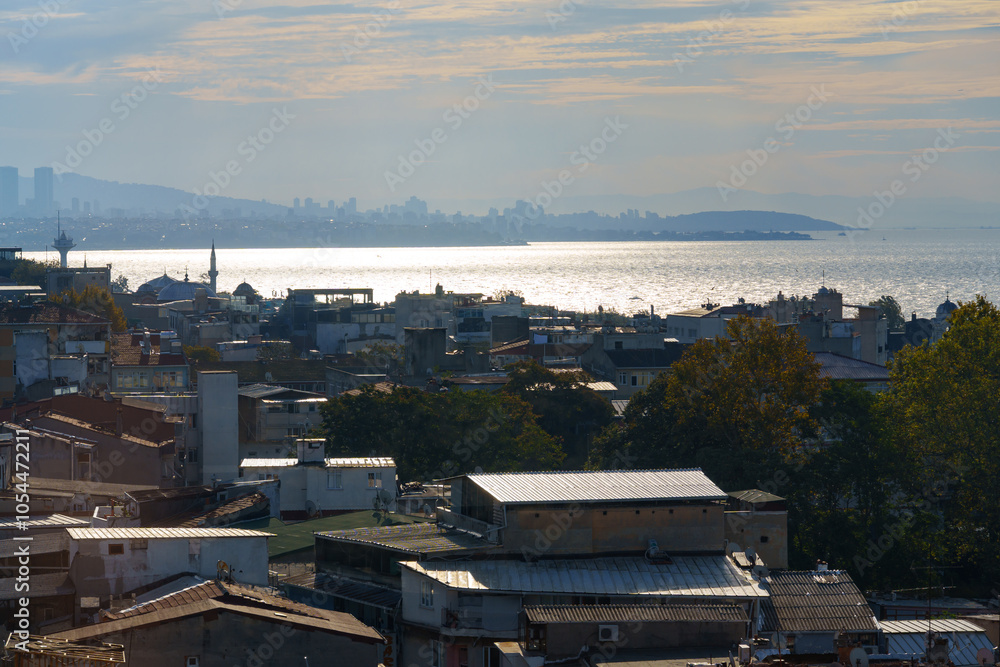 cityscape of Istanbul, Turkey, a view of the city roofs and Marmara sea at dawn cityscape of Istanbul, Turkey, a view of the city roofs and Marmara sea at dawn